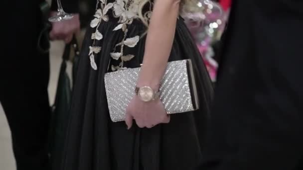 Woman with clutch bag at party — Stock Video