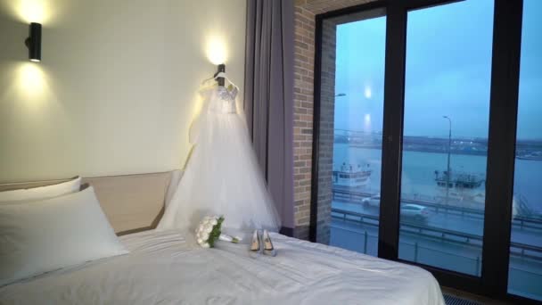 Wedding dress in bedroom, bridal gown — 비디오