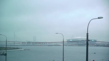 Cityscape view in Saint-Petersburg at bay or river Neva, ZSD highway and modern stadium Zenit arena