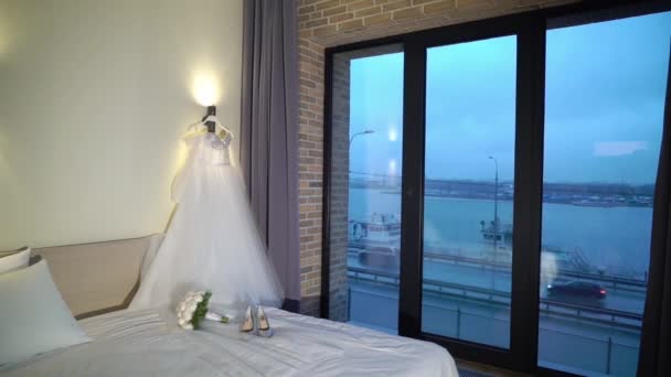 Wedding dress in bedroom, bridal gown — 비디오