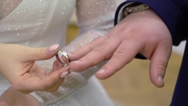 Wedding couple exchange rings at ceremony. Bride and groom — 비디오