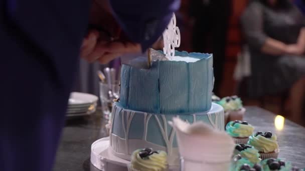 Νύφη και γαμπρός κοπής κομμάτι της γαμήλιας τούρτας — Αρχείο Βίντεο
