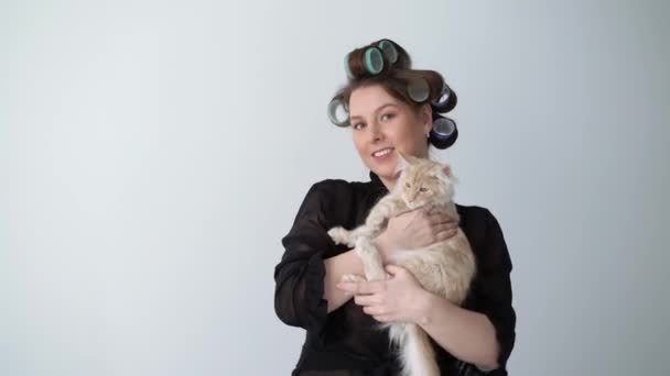 Young woman with curlers roller on head in bathrobe with red mainecoon cat — Stock Video