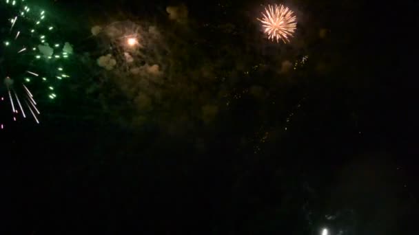 Fogos de artifício coloridos que explodem e enchem a escuridão do céu noturno com luz colorida — Vídeo de Stock