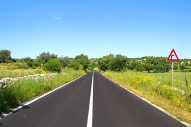 Parasız asfalt yol ve sağ tarafta yol tabelası yok.