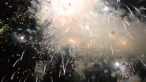 Színes tűzijáték, amely felrobban és színes fénnyel tölti meg az éjszakai égbolt sötétségét.. — Stock videók