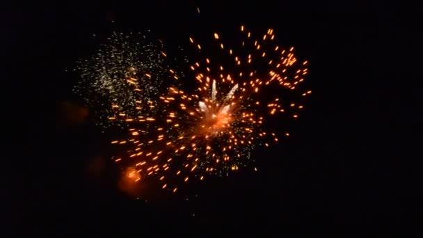 Feux d'artifice colorés qui explosent et remplissent l'obscurité du ciel nocturne de lumière colorée . — Video