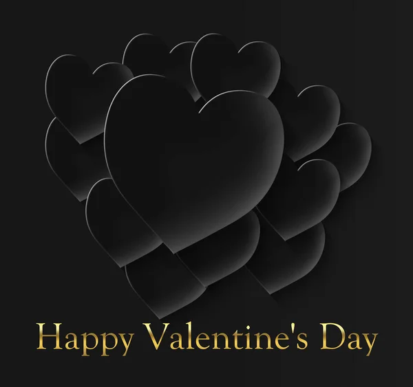 Happy Valentine Day Black Hearts Black Background Inscription Gold Color — Stock Photo, Image