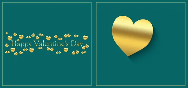 Szczęśliwe Walentynki z sercem w kolorze złotym na zielonym tle i napis w kolorze złotym — Zdjęcie stockowe