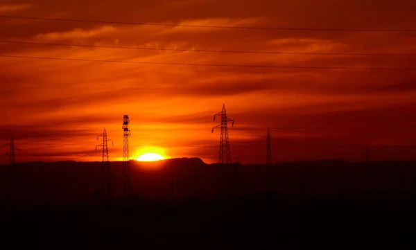 Torre Transmissão Eletricidade Pôr Sol — Fotografia de Stock