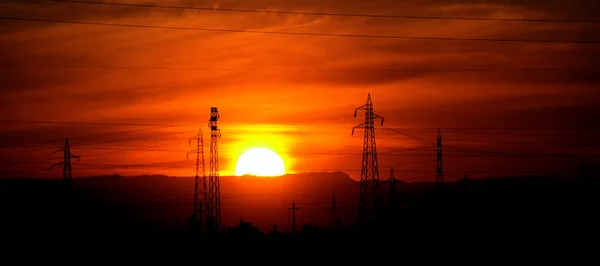 Torre Transmissão Eletricidade Pôr Sol — Fotografia de Stock