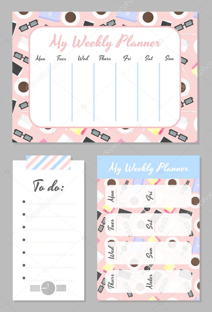 Weekly planner template. Organizer and schedule with place for notes and to do list.