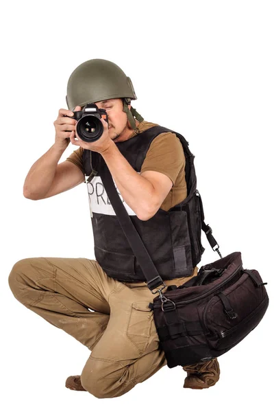 Fotógrafo Imprensa Militar Com Uma Câmera Profissional Isolado Sobre Fundo — Fotografia de Stock