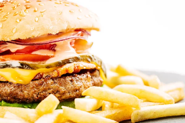 Big burger with fries — Stock Photo, Image