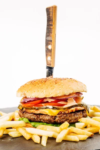 Big burger with fries — Stock Photo, Image