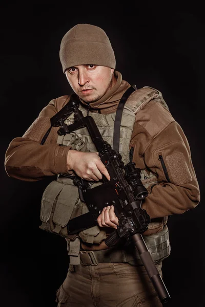 Portrait Soldier Private Military Contractor Holding Rifle War Army Weapon — Stock Photo, Image