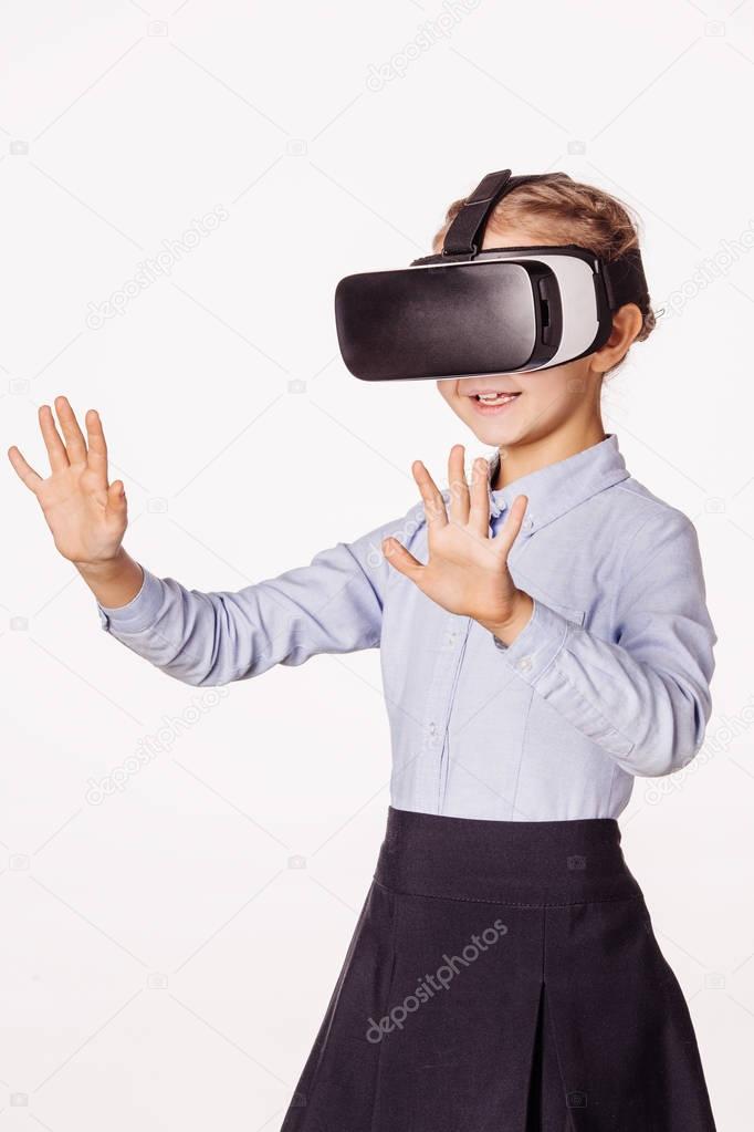 schoolgirl with virtual reality headset. 