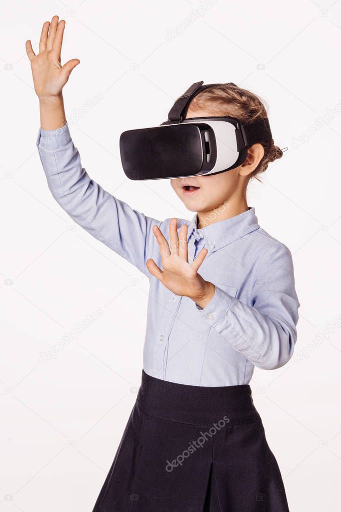 schoolgirl with virtual reality headset. 