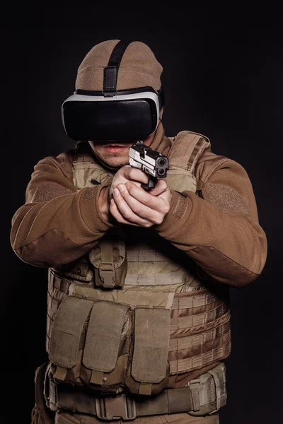 Portrait Soldier Private Military Contractor Wearing Virtual Reality Glasses War — Stock Photo, Image