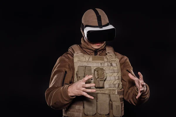 Portrait Soldier Private Military Contractor Wearing Virtual Reality Glasses War — Stock Photo, Image