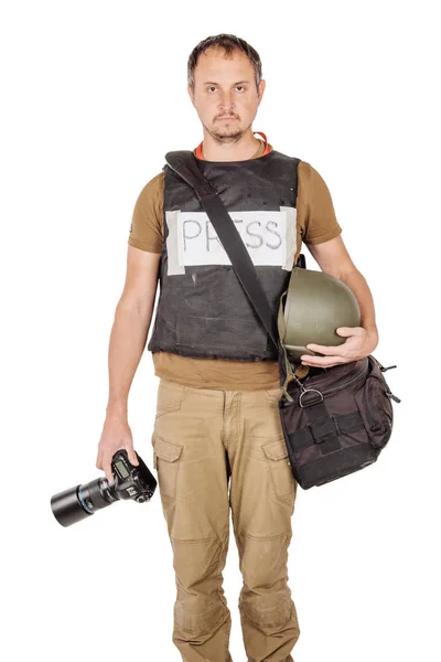 Military Press Photographer Professional Camera Isolated White Background — Stock Photo, Image