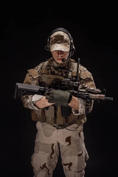 Contratante Militar Privado Com Espingarda Atirador Guerra Exército Arma Tecnologia — Fotografia de Stock