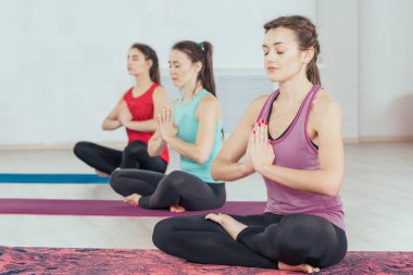 .fitness, spor, insanlar ve sağlıklı yaşam konsepti Yoga meditasyon lotus yapma kadınlar teşkil