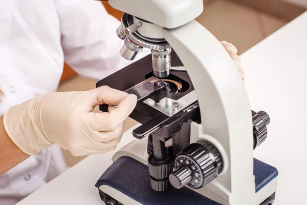 Science veterinarian working on microscope. working woman resear — Stock Photo, Image