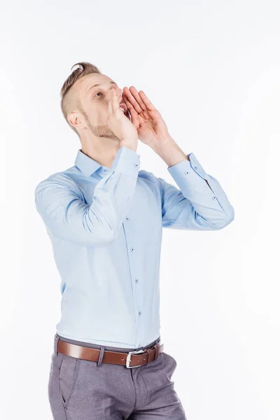 Hombre de negocios gritando con las manos abiertas . — Foto de Stock