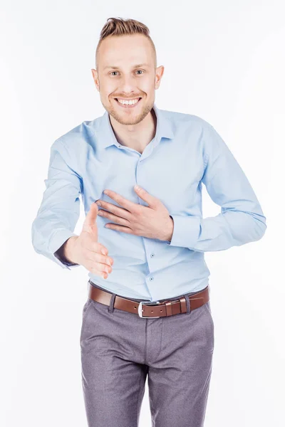 Hombre de negocios barbudo dando la mano para un apretón de manos — Foto de Stock