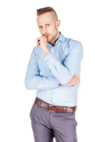 Young business man with suspicious emotion. — Stock Photo, Image