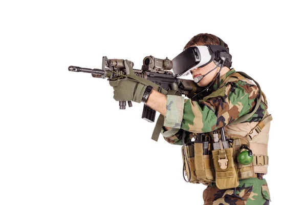 Soldado Usando Óculos Realidade Virtual Conceito Militar Tecnológico — Fotografia de Stock