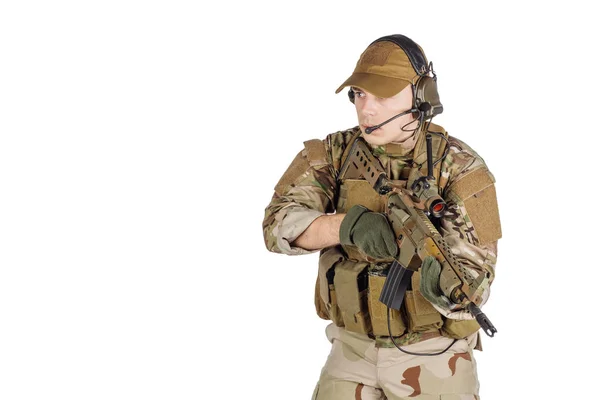 Portrait Soldat Entrepreneur Militaire Privé Tenant Fusil Automatique Guerre Armée — Photo