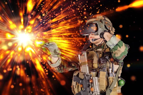 Tentara Mengenakan Kacamata Realitas Maya Militer Dan Teknologi Konsep — Stok Foto