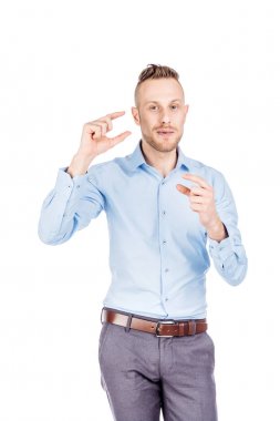 Parmaklarını küçük boyutlu yapmak iş adamı. duygular, yüz 