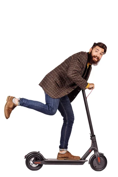 Bearded Man Holding Electric Scooter Riding While Feeling Delighted Image — Stock Photo, Image