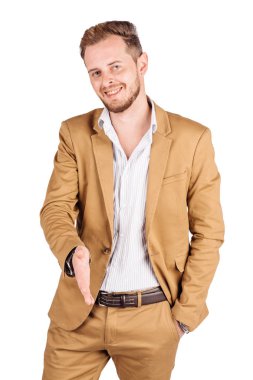 karşılıklı izole bir arka plan üzerinde sunan iş adamı