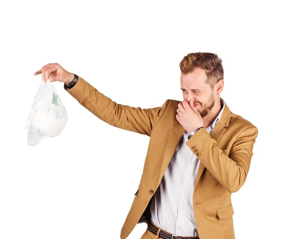 Father Holding Dirty Dirty Diaper One Hand Fingers Black Background — Stock Photo, Image