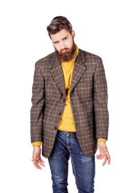 depresyon kaybeden poz oturmuş sakallı iş adamı portresi. duygular, yüz ifadeleri, duygu, beden dili, işaretler. bir beyaz stüdyo arka plan görüntü.