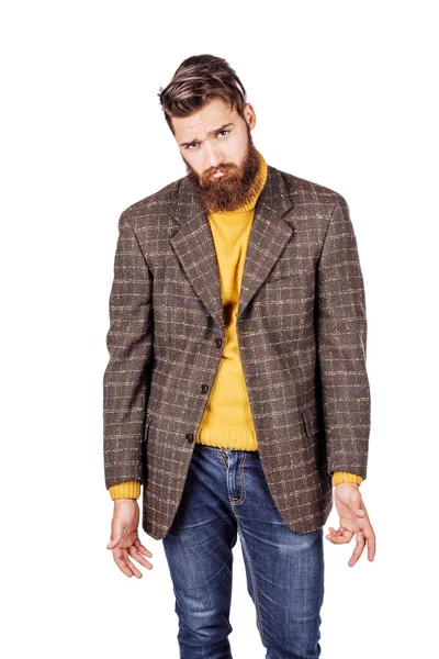 depresyon kaybeden poz oturmuş sakallı iş adamı portresi. duygular, yüz ifadeleri, duygu, beden dili, işaretler. bir beyaz stüdyo arka plan görüntü.