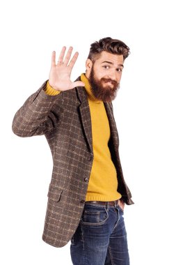 yardım etmek için bir el sıkışma sakallı işadamı portresi. insani duygular ifade ve ofis, iş, teknoloji, finans ve Internet kavramı. görüntü izole beyaz arka plan.