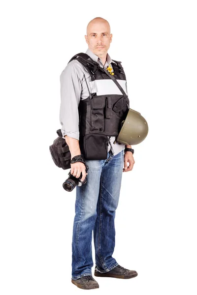 Militära pressfotograf med en professionell kamera. — Stockfoto