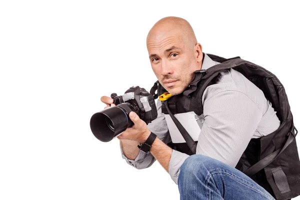 Fotógrafo de prensa militar con una cámara profesional . — Foto de Stock