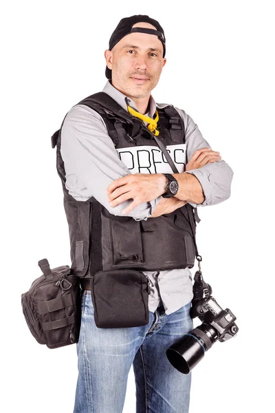 Military press photographer with a professional camera. — Stock Photo, Image