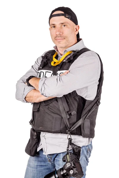 askeri basın fotoğrafçısı ile profesyonel bir fotoğraf makinesi. Beyaz arka plan üzerinde izole