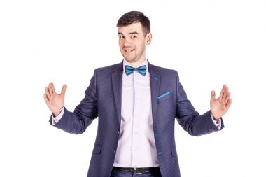 dostum holding iki onun önünde eller ve beyaz arka plan üzerinde gösterir