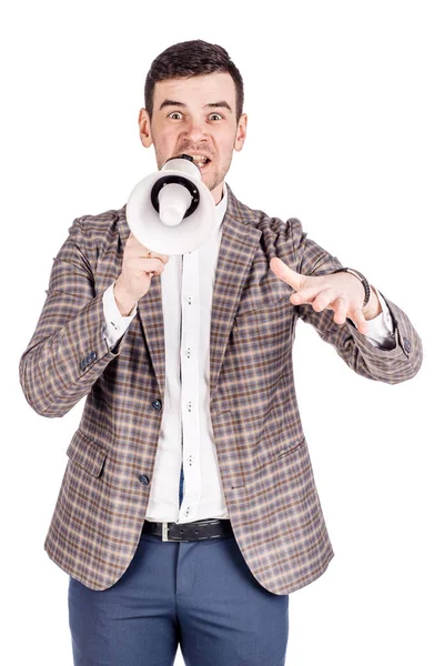 Hombre sosteniendo megáfono. expresión de emoción humana — Foto de Stock