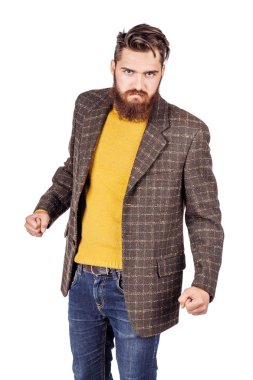 Genç işadamı boksör pozisyonda ayakta 