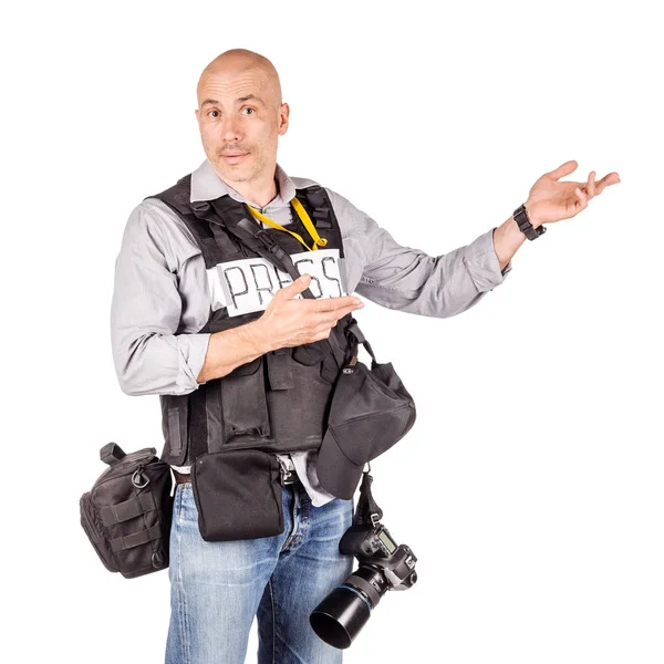 Fotoreporter wojskowy z profesjonalnych kamer. — Zdjęcie stockowe