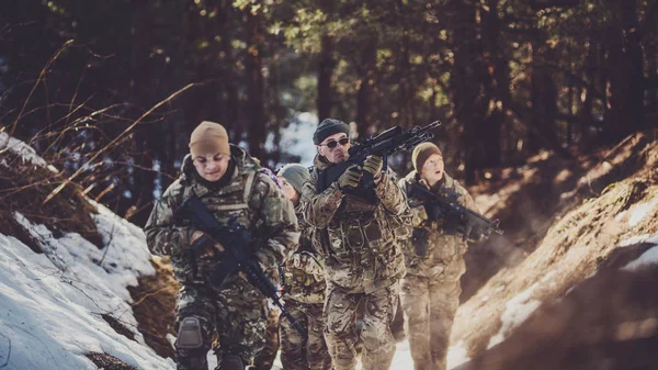 Group Special Forces Weapons Cold Forest Winter Warfare Military Concept — Stock Photo, Image